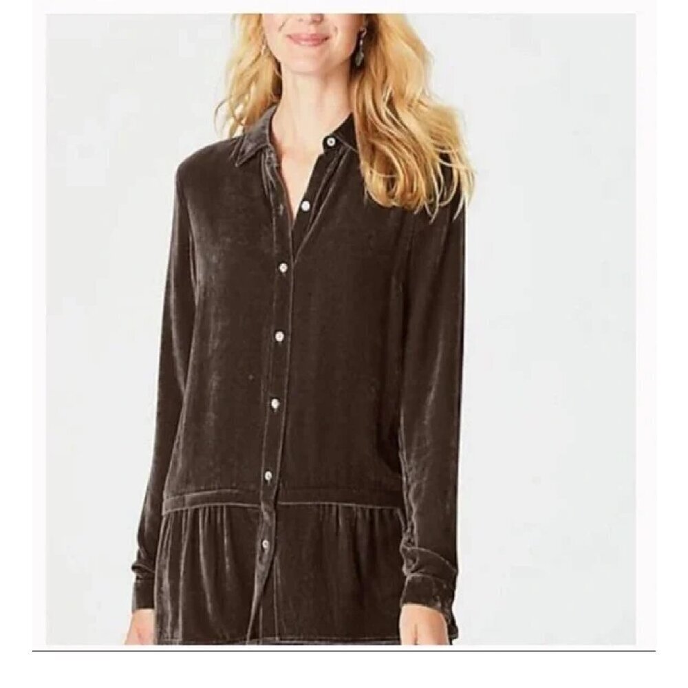 J. Jill‎ Taupe Velvet Silk Blend Buttoned Peplum Tunic Top/Blouse Size XS